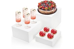 Hacaroa Set of 3 Acrylic Cube Riser Hollow Bottom, Glossy White Buffet Riser Food Display Stand, 5 Sides Cupcake Stand Nesting Display Boxes for Jewelry, Collectibles, Figures, 3 Sizes