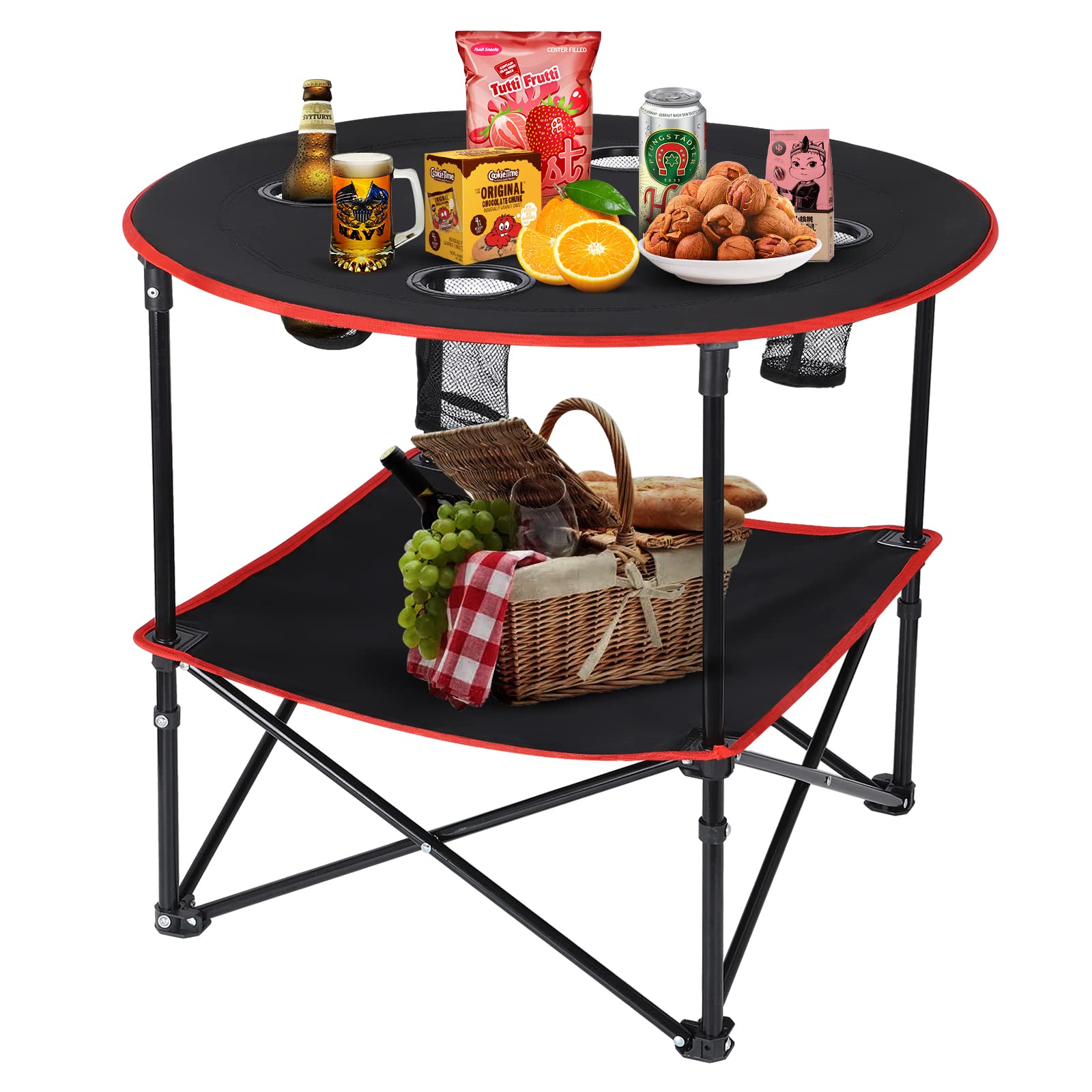Portable Folding Camping Table With 4 Cup Holders & Carry Case - 600D Canvas, Steel Frame