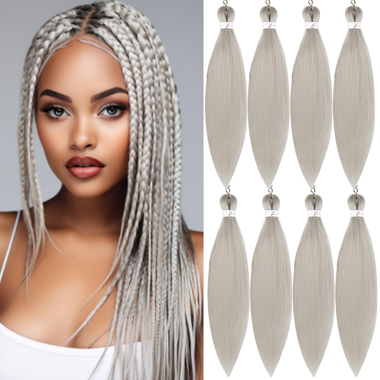 Pre-stretched Braiding Hair Professional Easy Crochet Braid Hair 26 Inch 8 Packs Hot Water Setting Soft Synthetic Braiding Hair Extension for Twist Senegalese Crochet Hair (26 inch, Grey) — image 1