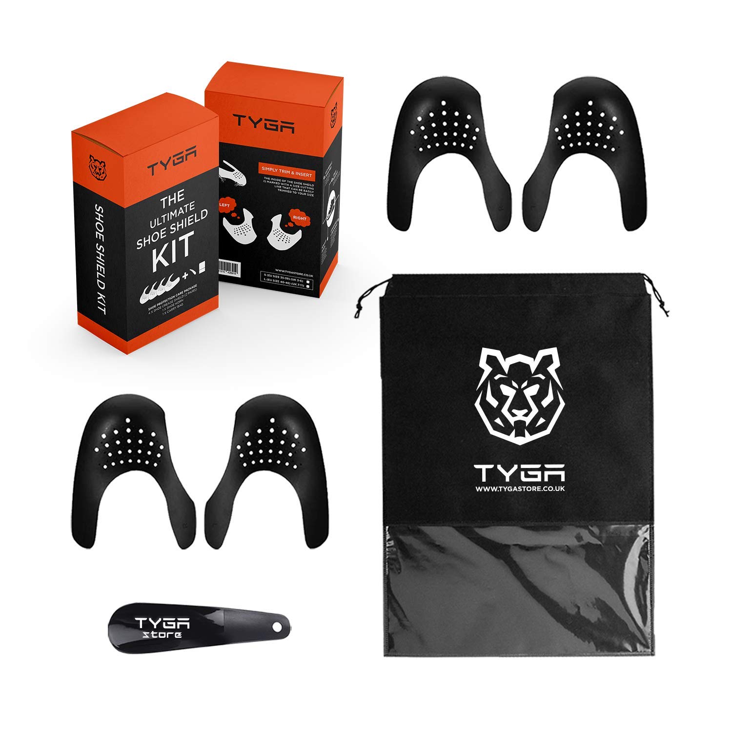 TYGA Store | Ultimate Shoe Care Kit - 4 Shoe Crease Protectors - Trainer/Sneaker/Crep Protector, Anti Crease - Fits UK 3-11 | All Black - 2 Pairs + Shoe Horn + Carry Bag + Gift Box