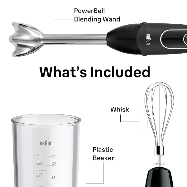 BRAUN MULTIQUICK 5 IMMERSION HAND BLENDER WITH DUAL SPEED + TURBO AND PATENTED TECHNOLOGY, 350W – INCLUDES BEAKER AND WHISK, BLACK, MQ505