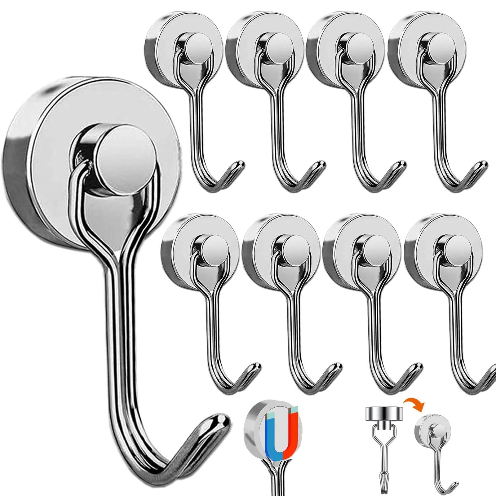 Nadinsta 8pcs Swivel Swing Neodymium Magnetic Hooks, 15KG/33 LBS Pull Extra Strong Magnet with Hooks, Heavy Duty for Cruise Cabins, Fridge, Hanging, BBQ, Kitchen, Camping Vanor
