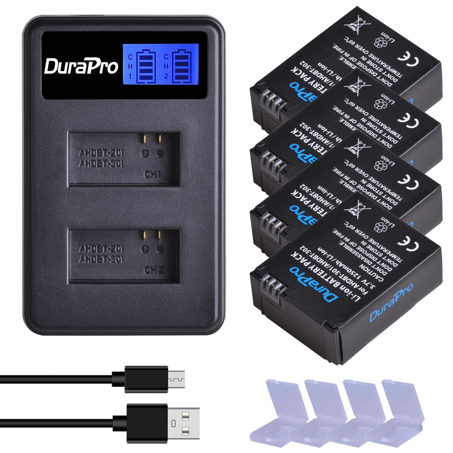 DuraPro 1250mAh 4Pc Batteries + LCD Dual USB Charger for GoPro HERO3+, HERO3 and AHDBT-201, AHDBT-301, AHDBT-302 Cameras