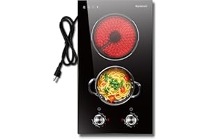 Electric Cooktop 2 Burner, 110V Electric Stove Plug in, 2000W Cooktop Electric Knob Controls, 12 Inch Countertop & Built-In Portable Kitchen Cooktop, 9 Power Levels, Karienvir, Residual Heat Warnings