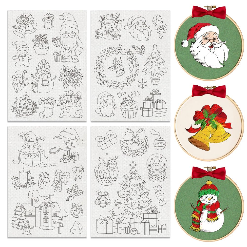 BENECREAT 4 Sheets Christmas Sewing Embroidery Stabilizers, 45pcs Snowman Embroidery Paper with Pre-Printed Water Soluble Stabilizer for Embroidery Hand Sewing Lover Beginners