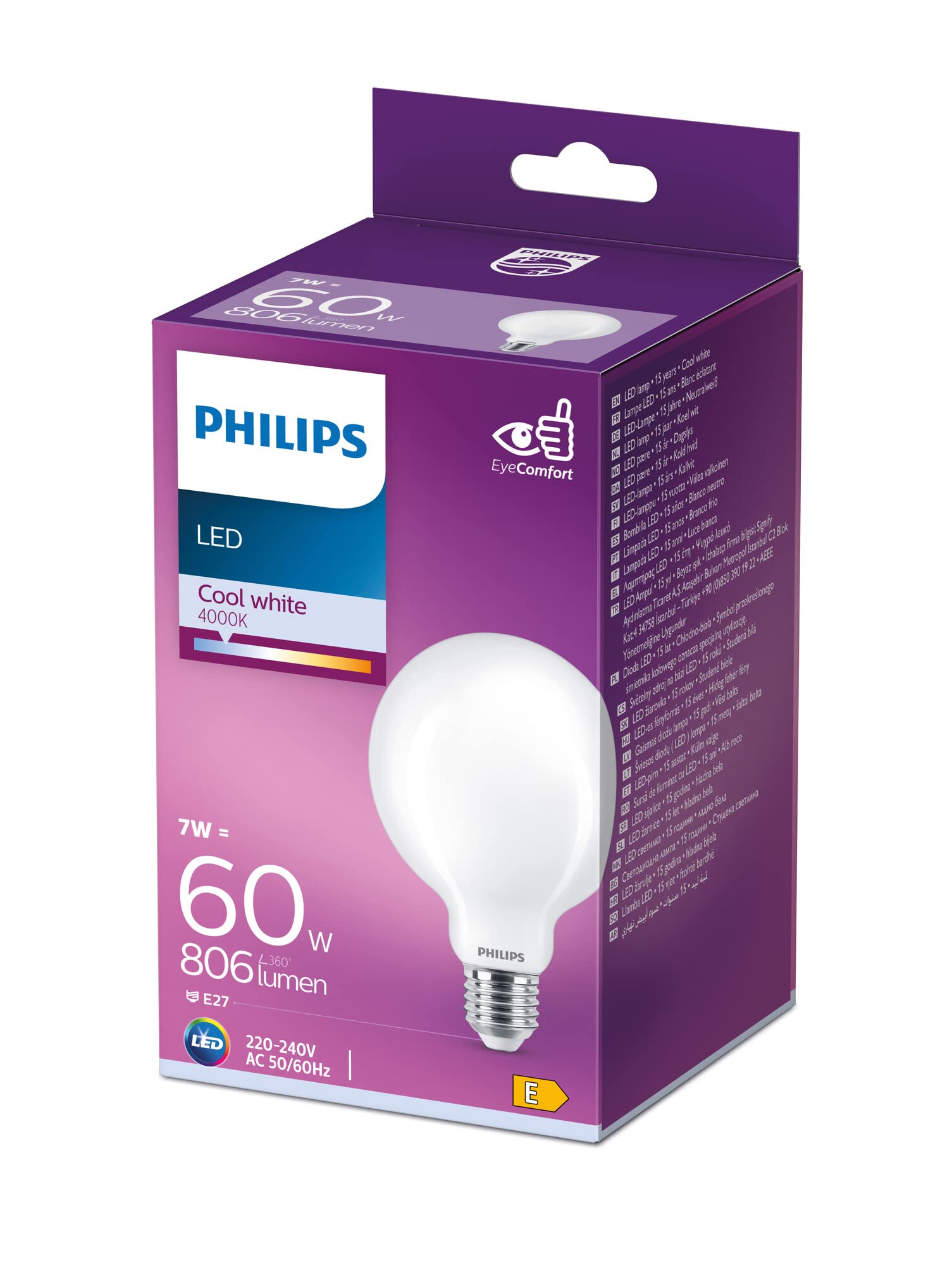 Philips LED Premium Classic G93 Frosted Globe Light Bulb [E27 Edison Screw] 60W, Cool White (4000K), Non-Dimmable.