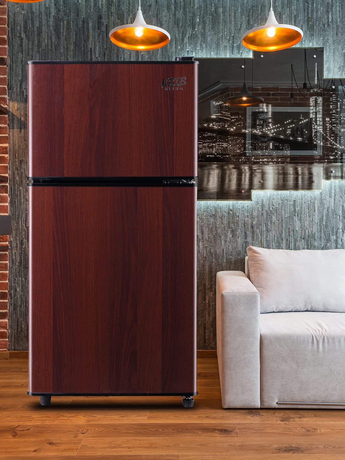 Refrigerator with Freezer 3.5 Cu.Ft with 7 Level Adjustable Thermostat Control 2 Door Energy Saving Top-Freezer Compact Refrigerator Wood