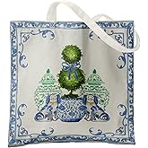 Veqzc Blue and White Chinoiserie Prints Canvas Tote Bag for Women, Reusable Folding Shopping Bags with Handles