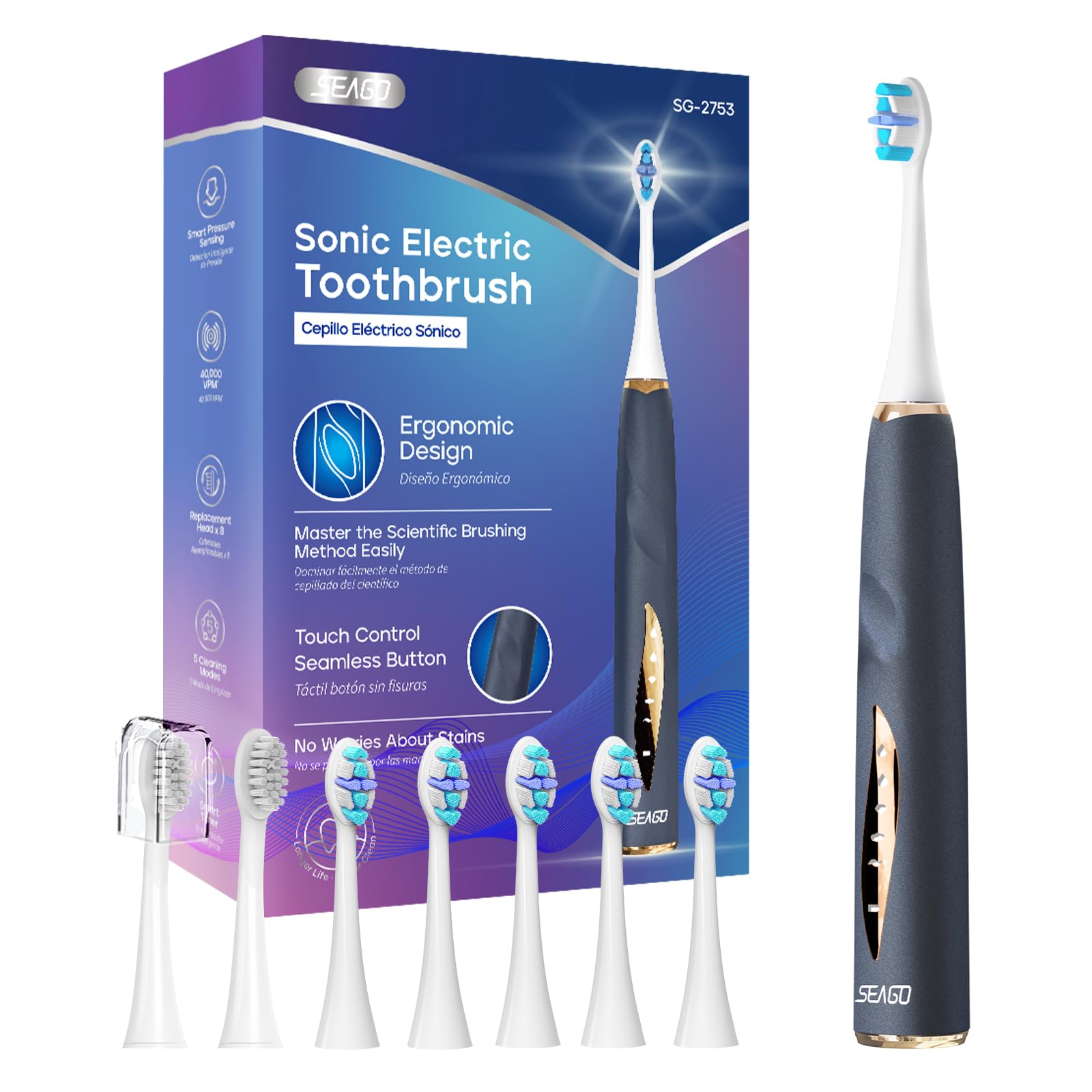 Seago Electric Toothbrush with Pressure Sensor - Ultrasonic Whitening Toothbrush - 8 Brush Heads & Replacement Reminder - 30 Days Standby & USB Charging - 5 Cleaning Modes, for Adults, SG2753(Blue)