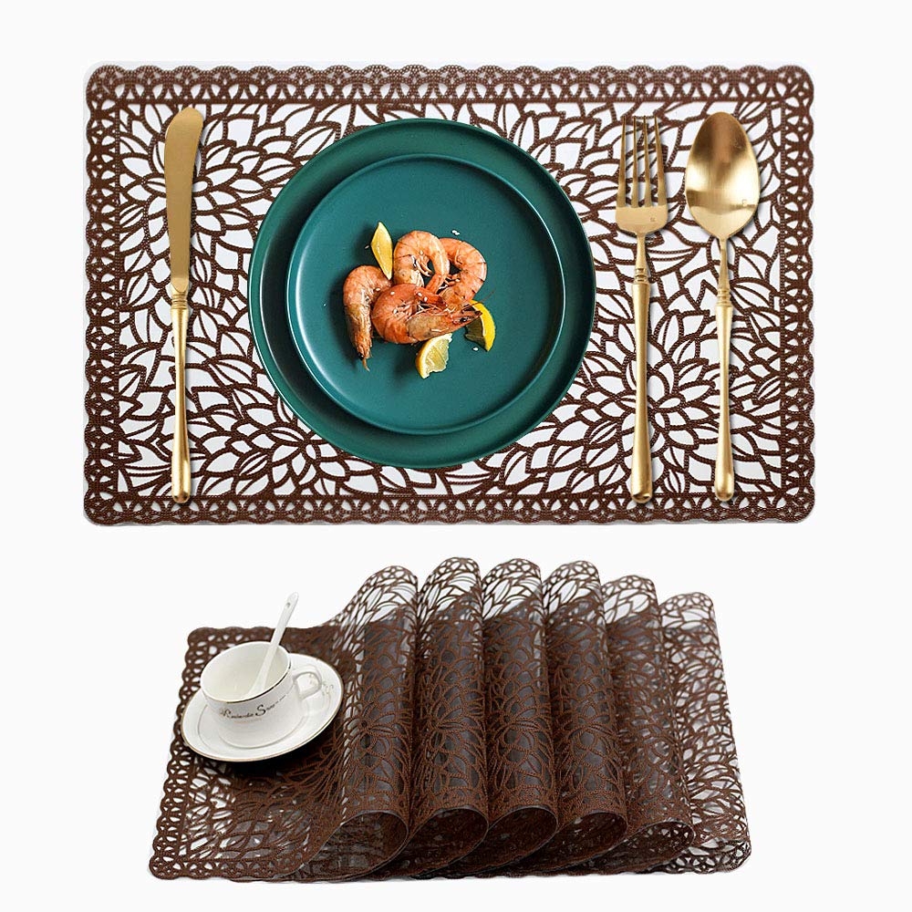 Kreatur Plastic Waterproof Placemats Set of 6 for Dining Table Wipe Clean Washable Vinyl PVC Coffee Tablemats for Kitchen Brown — image 1