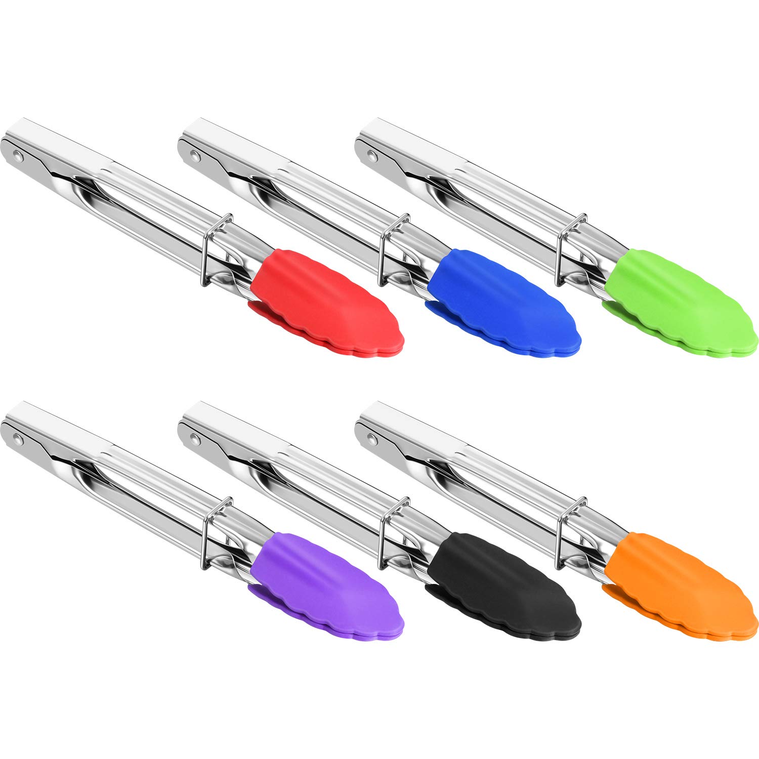 6 Pieces 7 Inch Mini Silicone Tip Tongs Kitchen Serving Tongs Small Metal Locking Tongs for Salad Grilling Cooking, 6 Colors