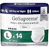 NorthShore GoSupreme Overnight Pull-On Underwear, 8-Hour Leak Protection, Large, 14-Count Bag, White, (36-48 in Waist), Unisex Adult Diapers