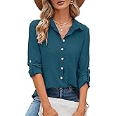 Odosalii Womens Button Down Shirts V Neck Rolled Up Long Sleeve Tops Elegant Dressy Blouses Business Casual Outfits