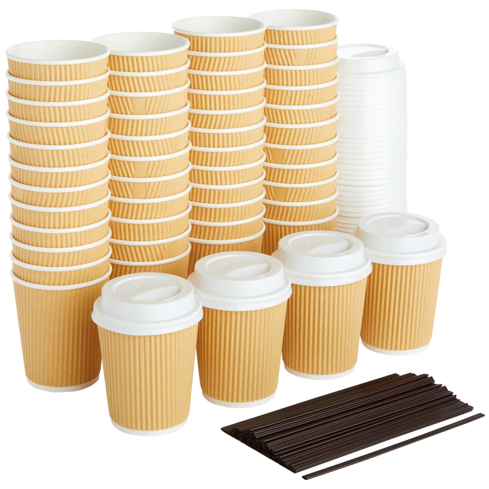Photo 1 of Juvale Disposable Coffee Cups with Lids & Straws - 8-Ounce, Brown Ripple, 50 Count - Insulated Disposable Paper Cups for Hot Coffee & On-the-Go Use - Compostable, No-Wax Lid Design