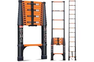 WATATI Telescoping Ladder, 12.5FT Aluminum Collapsible Extension Ladder with 2 Triangle Stabilizers & Non-Slip Feet, Portable Ladder Max Capacity 330 LBS for Home, RV, Outdoor(Orange)