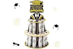 UPINS Graduation Money Holder for Cash Gifts, Black and Gold Layered Money Cake Decoration, Creative Tiered Design with Leis 