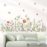 Prabahdak Flower Wall Decals - Vintage Wildflower, Grass & Butterflies Peel And Stick Wall Stickers For Bedroom, Nursery Decor