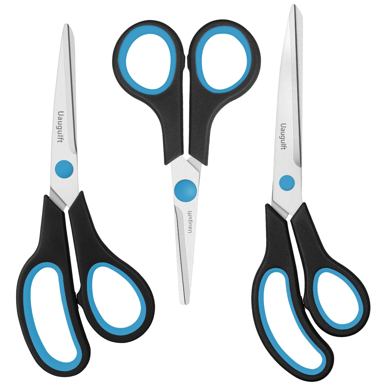 Uaugulft Scissors, Stainless Steel Paper Multi-Purpose Scissors with Soft Grip Handle, Blue Black, 3 Pieces Set