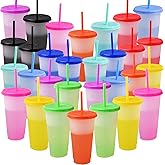 Komphy 30 Pack Color Changing Cups, 24oz Reusable Plastic Tumblers Bulk with Lid & Straw, Drink Water Cups Travel Mug for Party, Iced Coffee, Juice, Water, Beverage, Bpa Free(10 Colors)