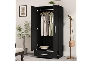 AIEGLE 2 Doors Wardrobe Armoire with Drawer, Freestanding Armoire Wardrobe Closet with Hanging Rod, Bedroom Wood Clothes Storage Cabinet Organizer in Black(31.5" W x 18.9" D x 66.9" H)