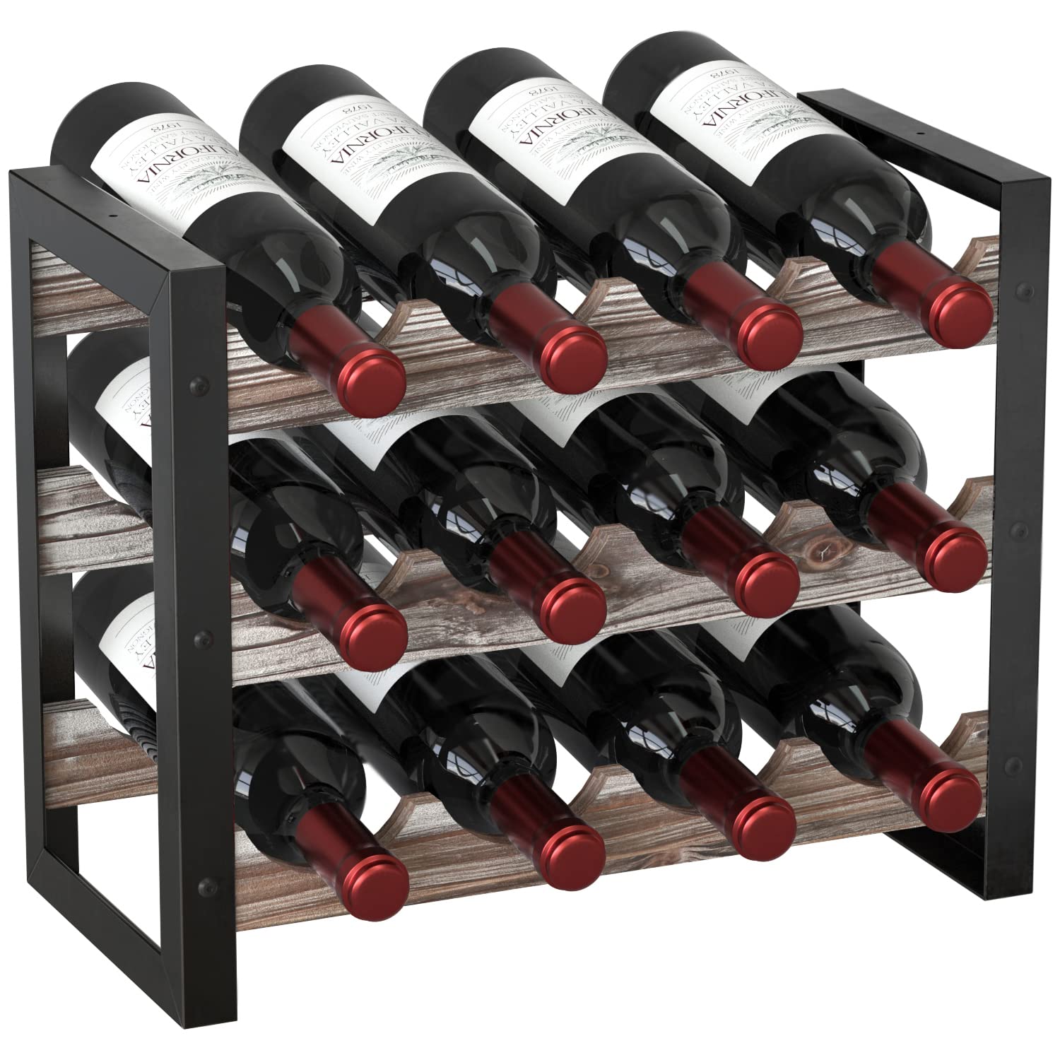 J JACKCUBE DESIGN Rustic Wine Rack Freestanding Floor 3 Tier Stackable Display Storage for Counter-top 12 Glass Bottles Holder Liquor Shelf with Black Metal Frame - MK521A (Rustic Wood)