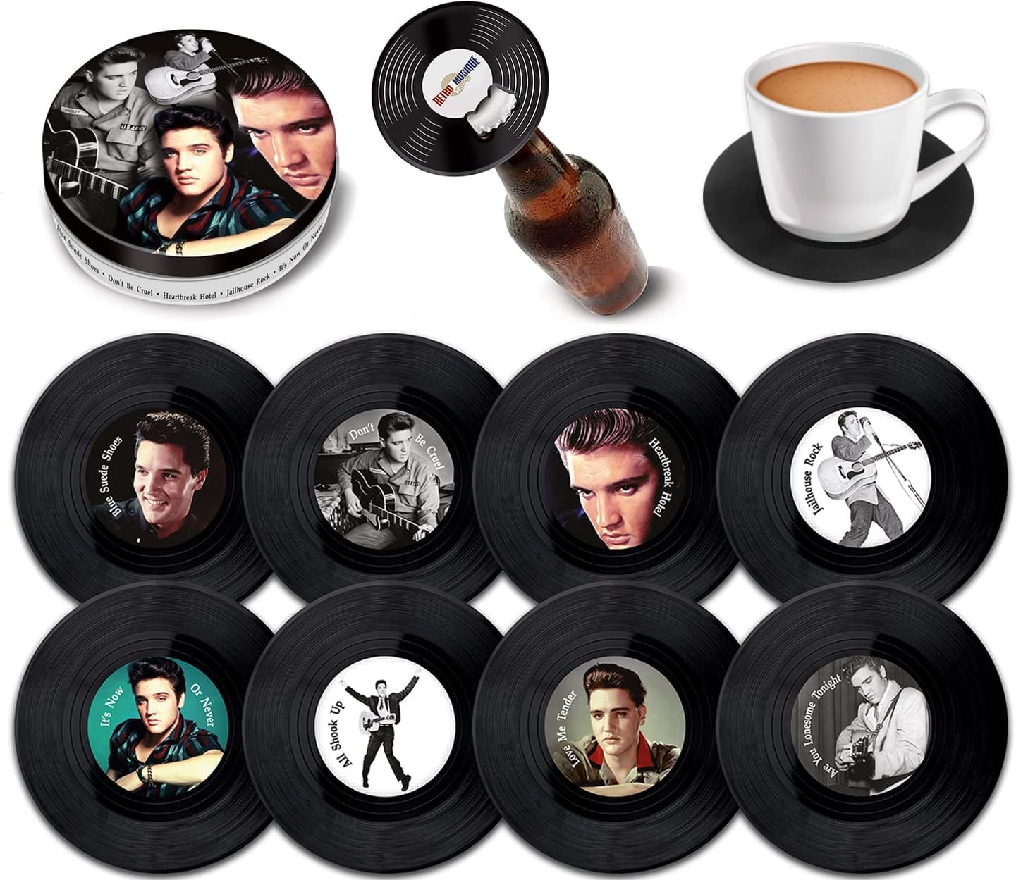 Retro Musique Set of 8 Elvis Presley Vinyl Coasters With Magnetic Bottle Opener | Lovely Music Gifts Retro Coasters Bar Gifts For Men & Women | Fantastic Music Lover Gifts Housed In a Metal Tin