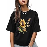 Sunflower T Shirts for Women Graphic Short Sleeve T Shirts Butterfly Retro Pattern Cotton Crewneck Casual Summer Tops