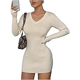 Verdusa Women's Fall Sweater Dress V Neck Long Sleeve Trendy Ribbed Knit Bodycon Short Dresses