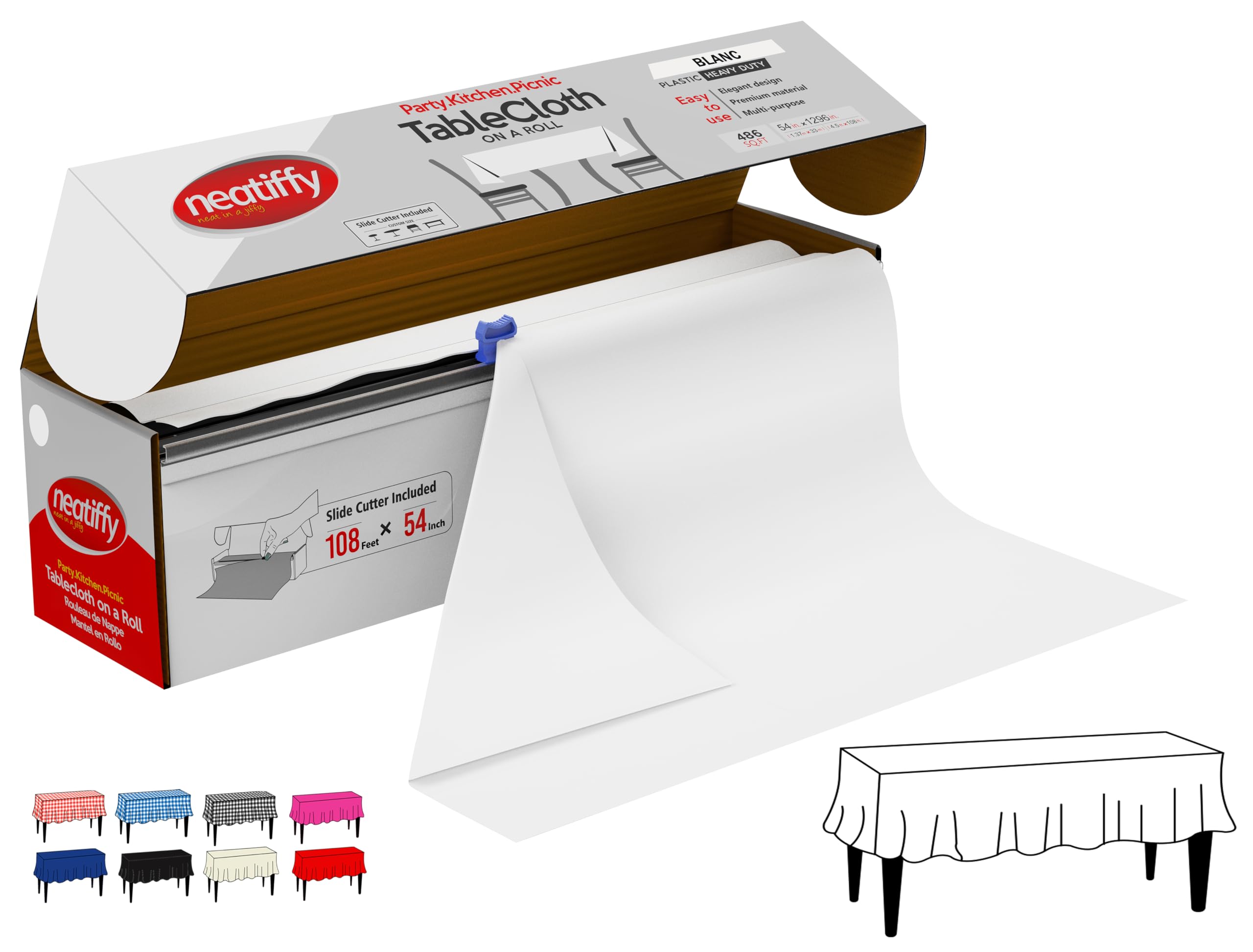 Neatiffy Disposable Plastic Table Cloth Roll | 54 in x 108 Ft Waterproof Tablecloth | Table Cover for Rectangle, Square, Round Oval Tables | Picnic, Party, Banquet, Birthdays, Weddings, White — image 1