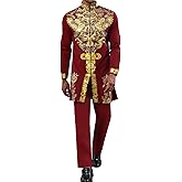 Mens African 2 Piece Set Zipper Nigerian Dashiki Metallic Shirt and Pants Outfit Gold Stamp Printed Long Traditional Suit