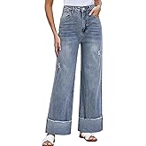 Vaceky Distressed Cuffed Jeans Women High Waist Stretch Denim Trouser
