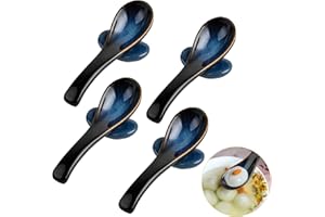 Supkiir 4Pcs Asian Soup Spoon Set, Ceramic Retro Blue Japanese Ramen Spoons with 4pcs Spoon Rest, Long Handle Chinese Soup Sp