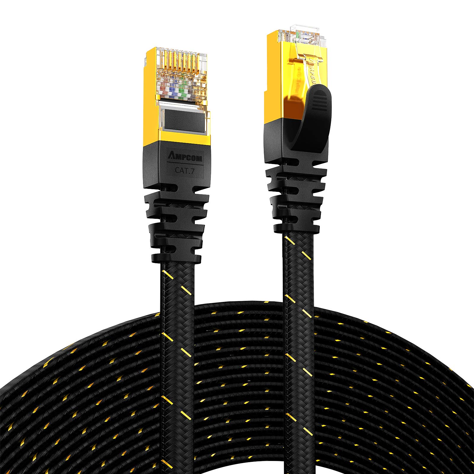 AMPCOM Ethernet Cable 8m, CAT7 10Gbps STP Flat Patch Cord 10 Gigabit Lan Network Cable High Speed - Black - Nylon Braided - Shielded