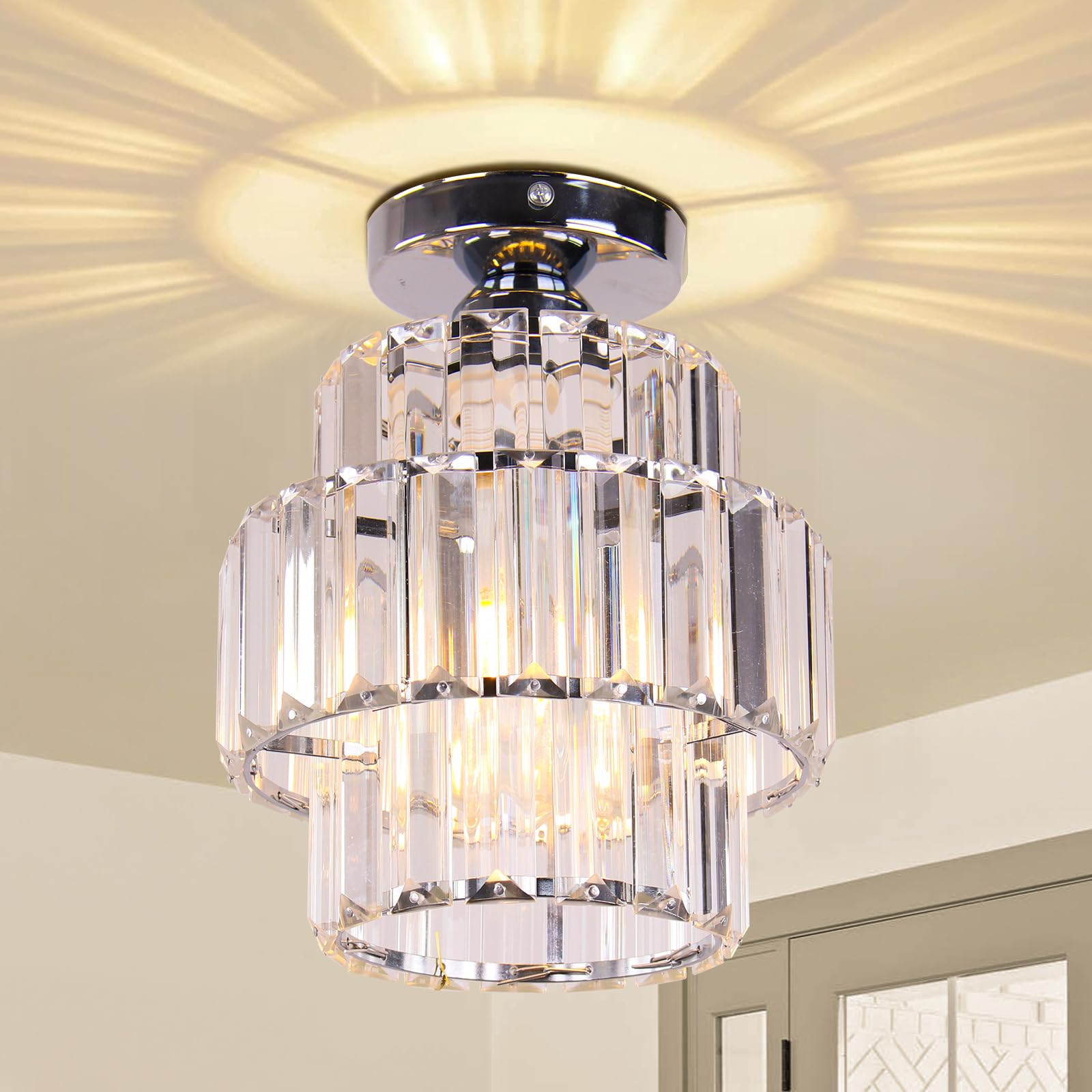 Cainjiazh Mini Chandelier Crystal Chandeliers Lighting Flush Mount Ceiling Light Double-Layers Crystal Modern Chandelier Lighting Fixture for Bedroom Hallway Bar Kitchen Living Room(Chrome)