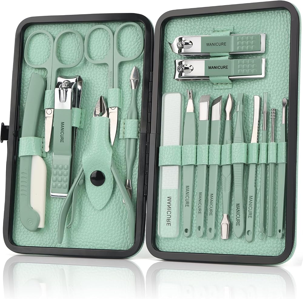 OWill 18pcs Manicure Set with PU Leather Case Green Nail Clipper Kit