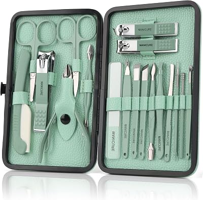 OWill 18pcs Manicure Set with PU Leather Case Green Nail Clipper Kit