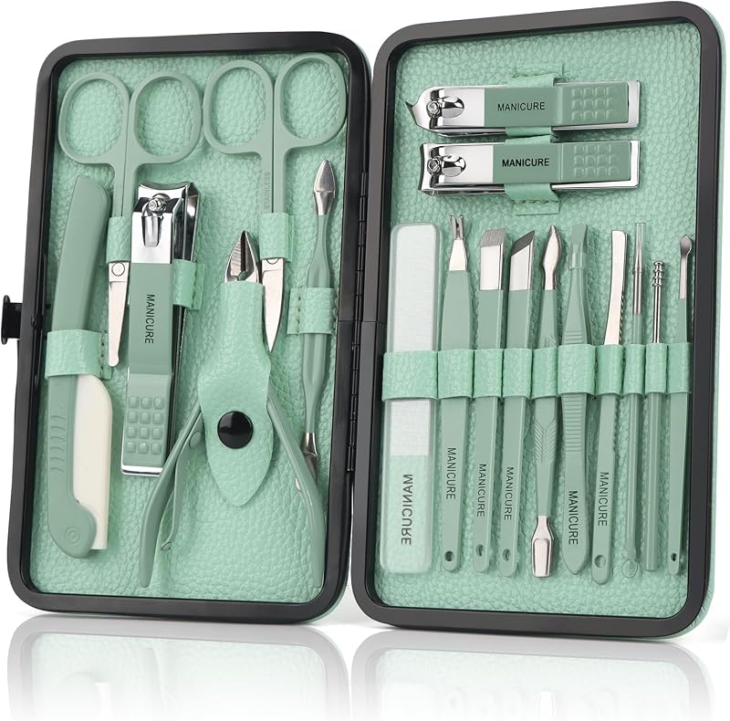 OWill 18pcs Manicure Set with PU Leather Case Green Nail Clipper Kit