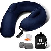 Patented Design Inflatable Travel Neck Pillow – Airplane Neck Pillow with 360° Head & Neck Support, Soft Washable Velvet Cover, Compact Neck Support Pillow for Airplane,Train,Car,Office & Home (Blue)