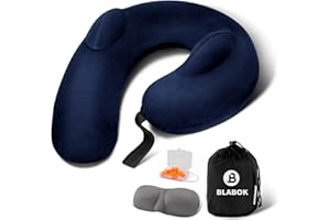 BLABOK Patented Design Inflatable Travel Neck Pillow – Airplane Neck Pillow with 360° Head & Neck Support, Soft Washable Velvet Cover, Compact Neck Support Pillow for Airplane,Train,Car,Office & Home (Blue)