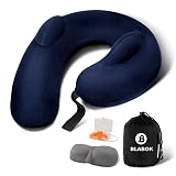 Patented Design Inflatable Travel Neck Pillow – Airplane Neck Pillow with 360° Head & Neck Support, Soft Washable Velvet Cover, Compact Neck Support Pillow for Airplane,Train,Car,Office & Home (Blue)
