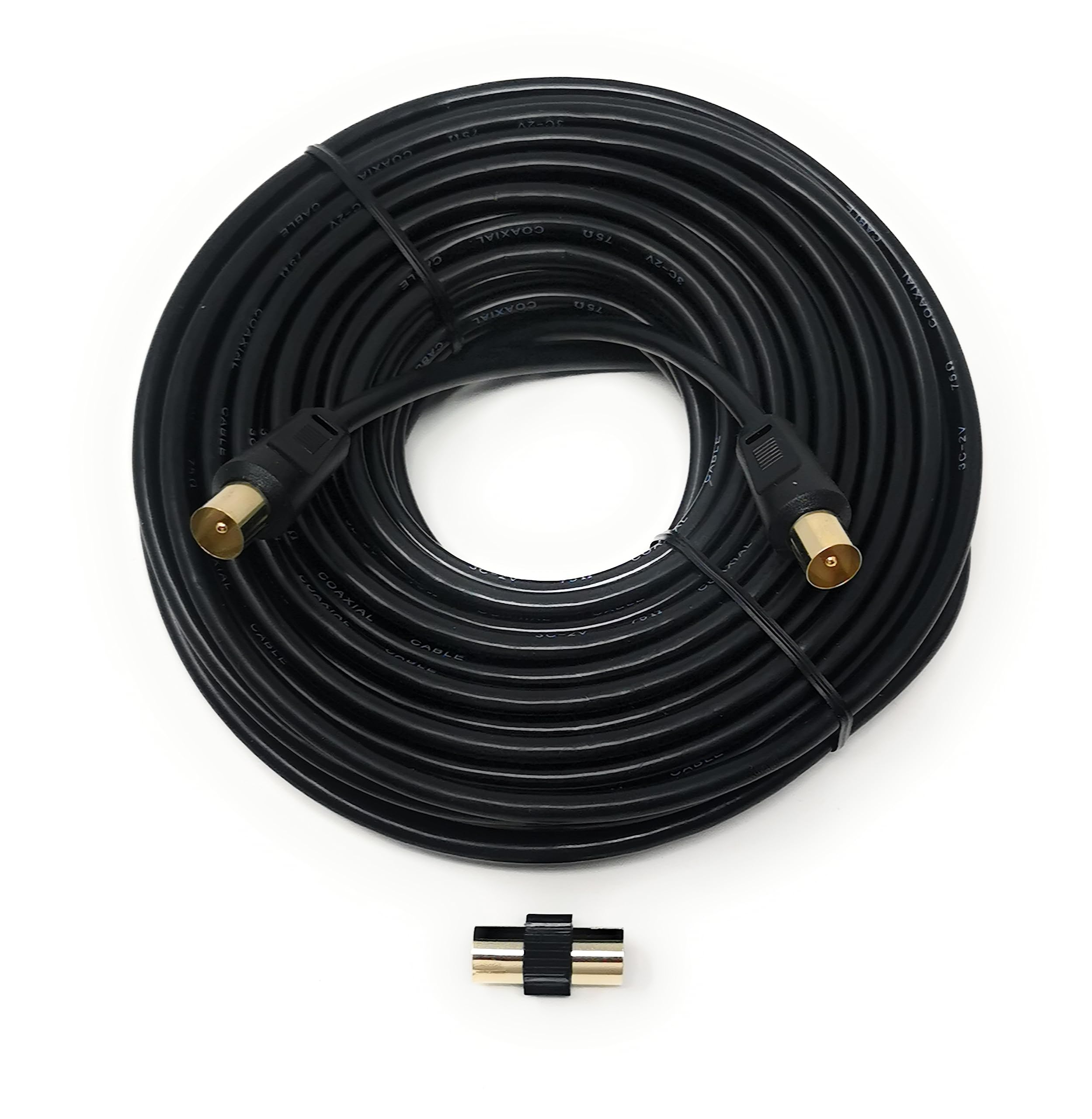 TV Aerial Coaxial Cable Male to Male RF Antenna Coax Lead Compatible with Sky SkyHD, Virgin, BT, Satellite TV, VCR, DVD Players. Comes with Female Coupler, Gold Plated Connectors (20m, Black)