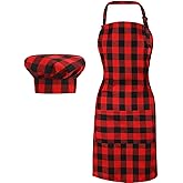 SATINIOR 2 Pcs Chef Costume for Women Men Chef Hat Apron Set for Adult Baker Apron Hat for Cooking Cosplay(Red, Black,Plaid Style)
