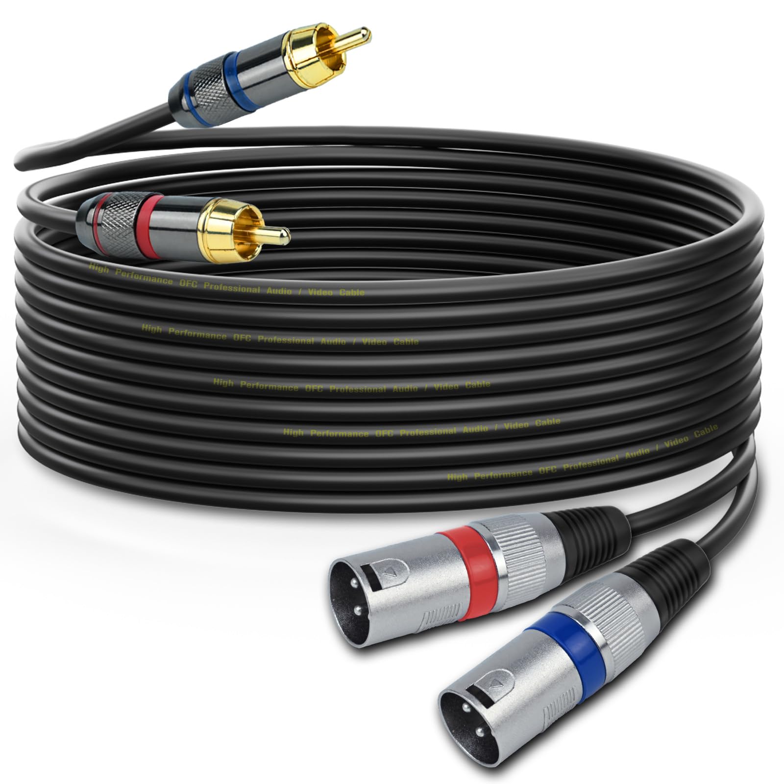 Mugteeve Dual RCA Male to Dual XLR Male Cable Adapter, 10 Feet Unbalanced L/R RCA to XLR Phono Plug Cable, Left and Right Tape Out Cord, for Mixer, Studio Monitor, Stereo HiFi Subwoofer Speaker