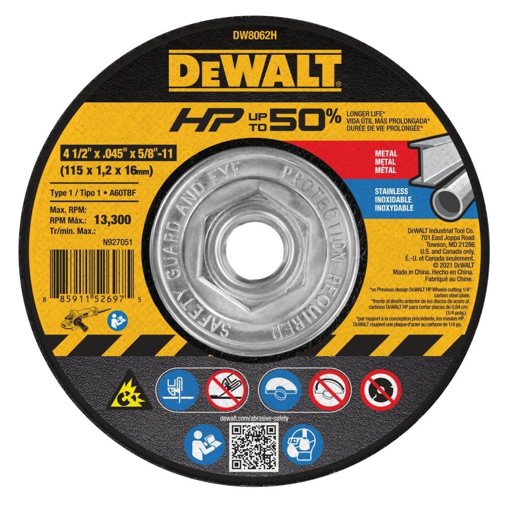 Photo 1 of DEWALT DW8062H 4-1/2" X .045" X 5/8"-11 HP Type 1 Cutting Wheel