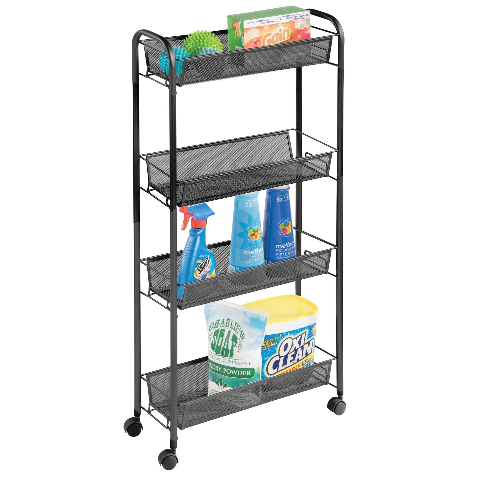 mDesign Rolling Utility Trolley — Portable Storage Shelf Unit with 4 Levels — All-Purpose Shelving Trolley with Easy-Glide Wheels — Black