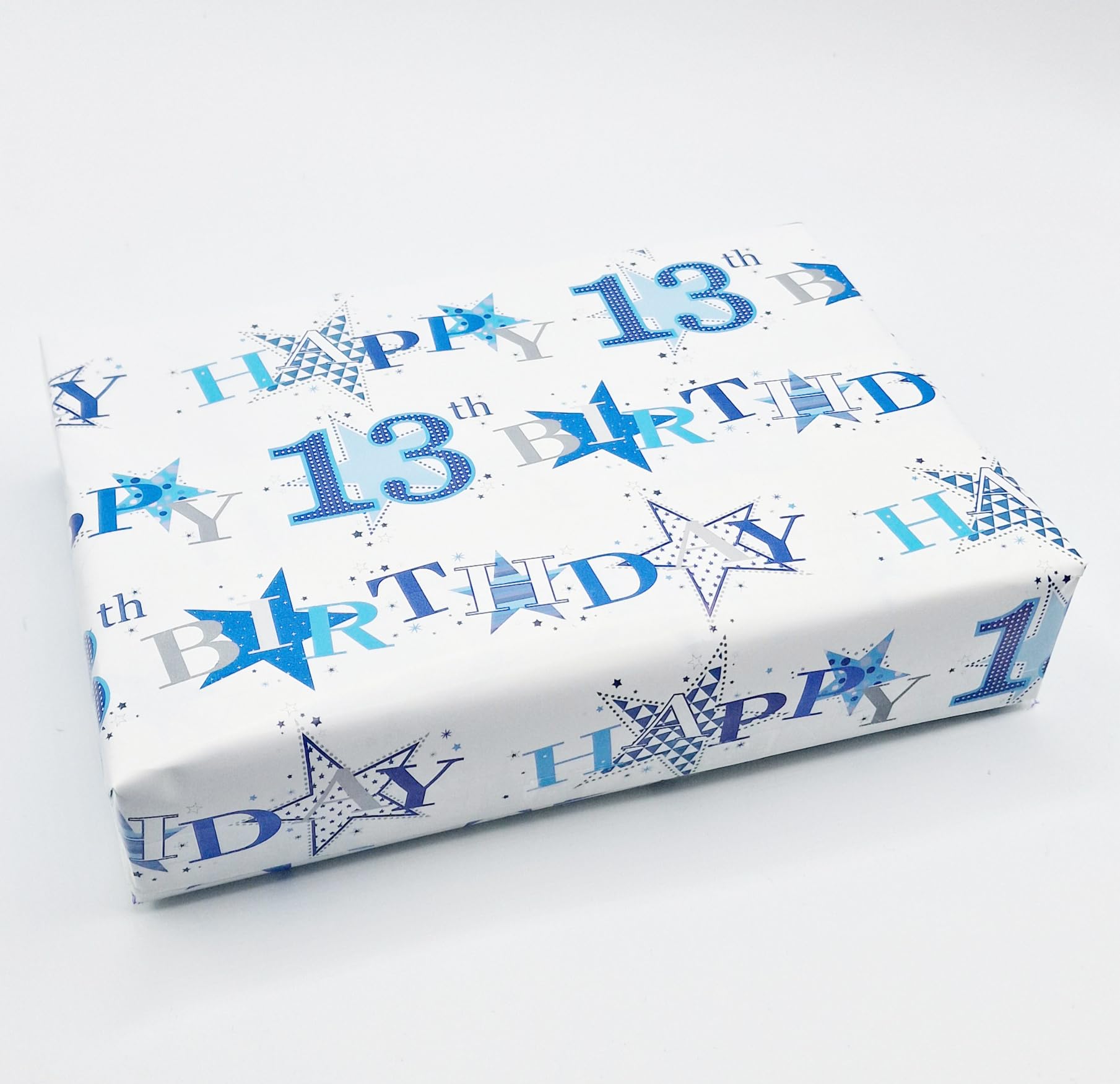 Party Angels 4 Sheets 4 Tags Star Design 13th Birthday Blue Male Wrapping Paper Age 13 Birthday Gift Wrap Paper Boy Male (PA)