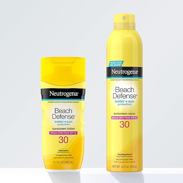 NEUTROGENA BEACH DEFENSE SUNSCREEN SPRAY BROAD SPECTRUM SPF 30, 8.5 OZ, WATER RESISTANT, FAST ABSORBING, OXYBENZONE FREE, LIGHTWEIGHT SUN PROTECTION, FACE AND BODY SUNSCREEN