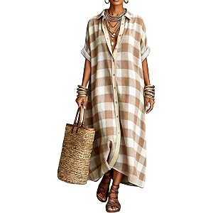 Leyoutx Women's Cotton Linen Maxi Shirt Dress Short Sleeve Button Down Casual Loose Summer Gingham Beach Cover Up
