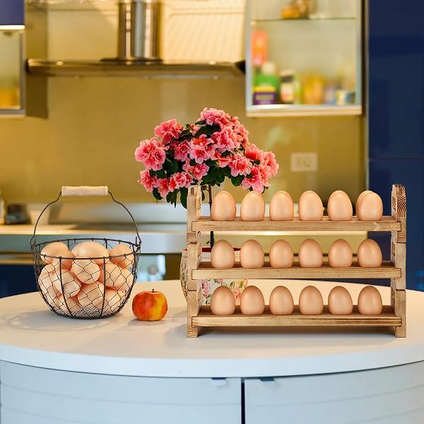 TEECYHOOO 2 PCS WOODEN EGG HOLDER COUNTERTOP AND FARMHOUSE WIRE EGG BASKET KIT WITH HANDLE STACKABLE EGGS STORAGE RACK FOR GATHERING FRESH EGGS VINTAGE HOME STORAGE KITCHEN ORGANIZER FARM CHICKEN COOP
