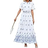 KIRUNDO Floral Maxi Dresses for Women 2026 Spring Summer Wedding Guest Short Sleeve Smocked Waist Flowy Beach Vacation Dress